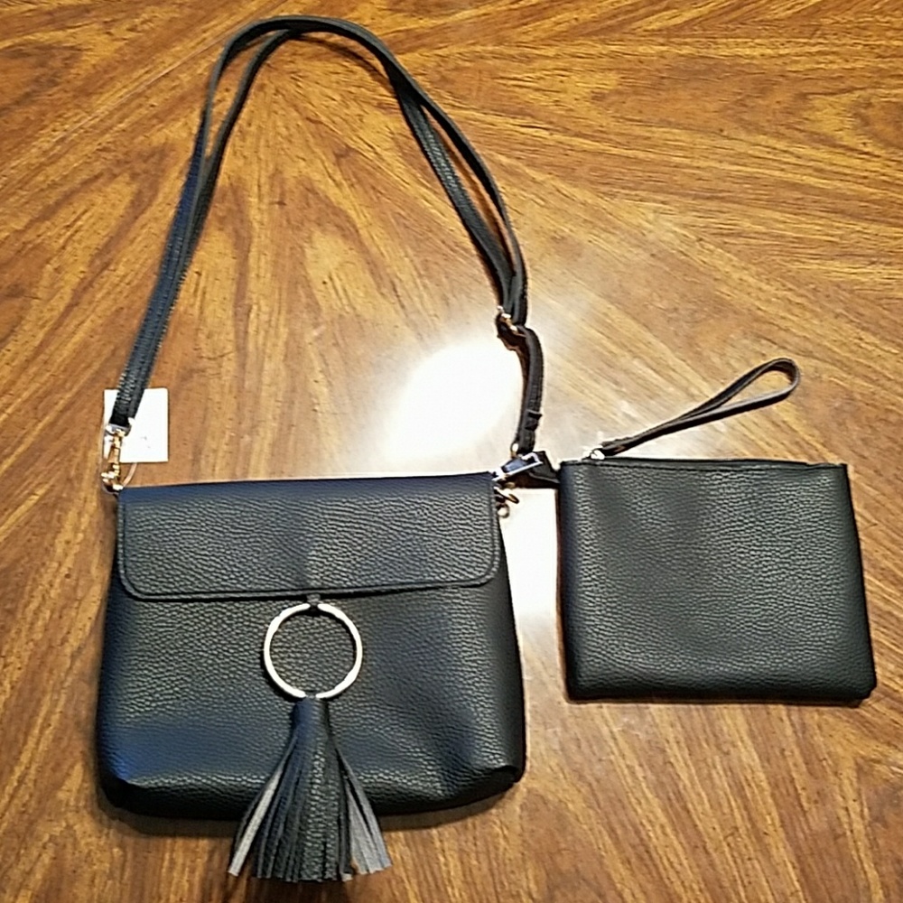 Black Faux Leather Handbag/Crossbody with Wallet